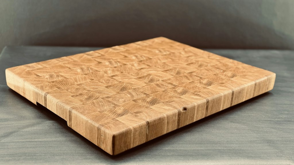A handmade wooden end grain cutting board